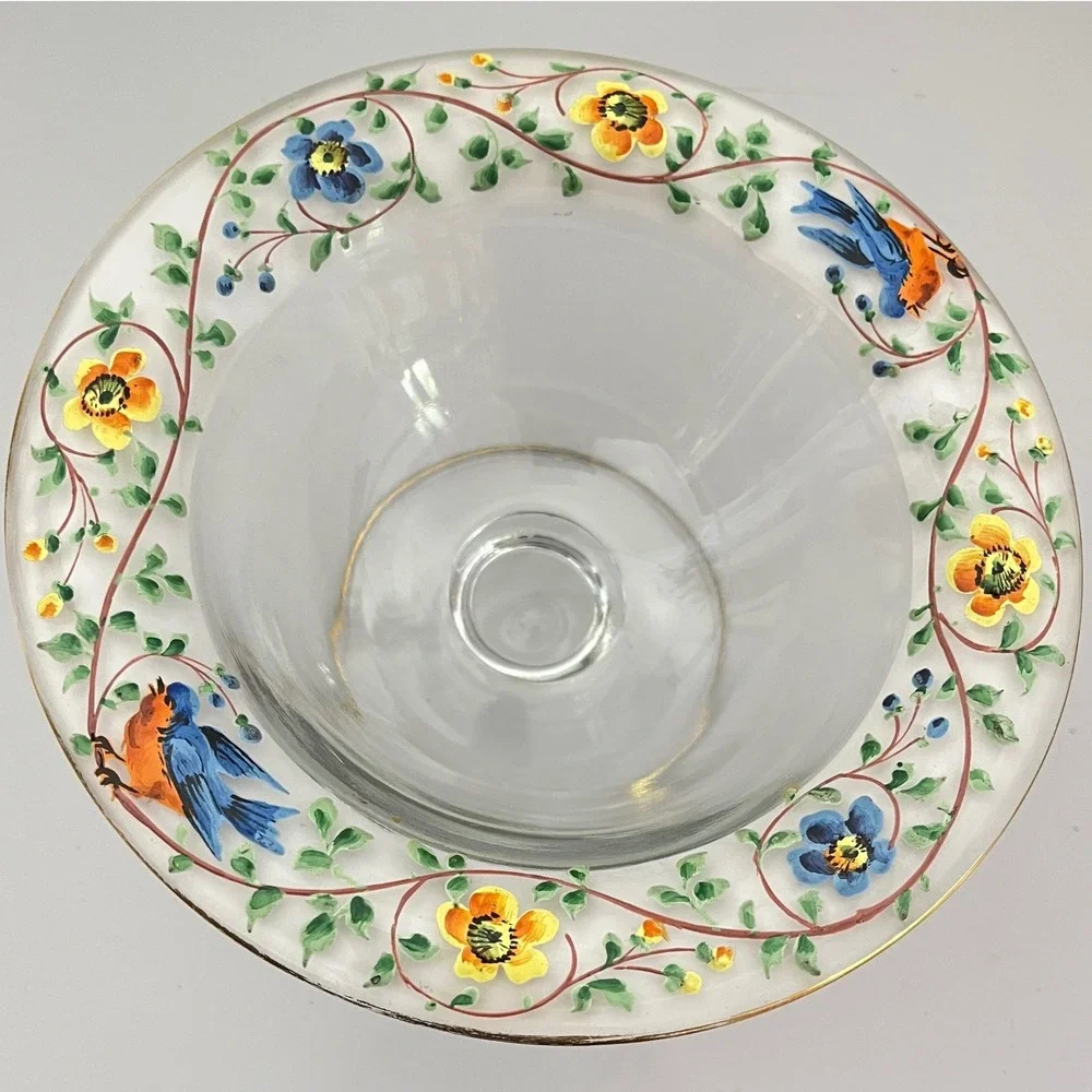 Vintage Westmorland Hand Painted Blue Bird‎ Floral Garden Compote Pedestal Dish